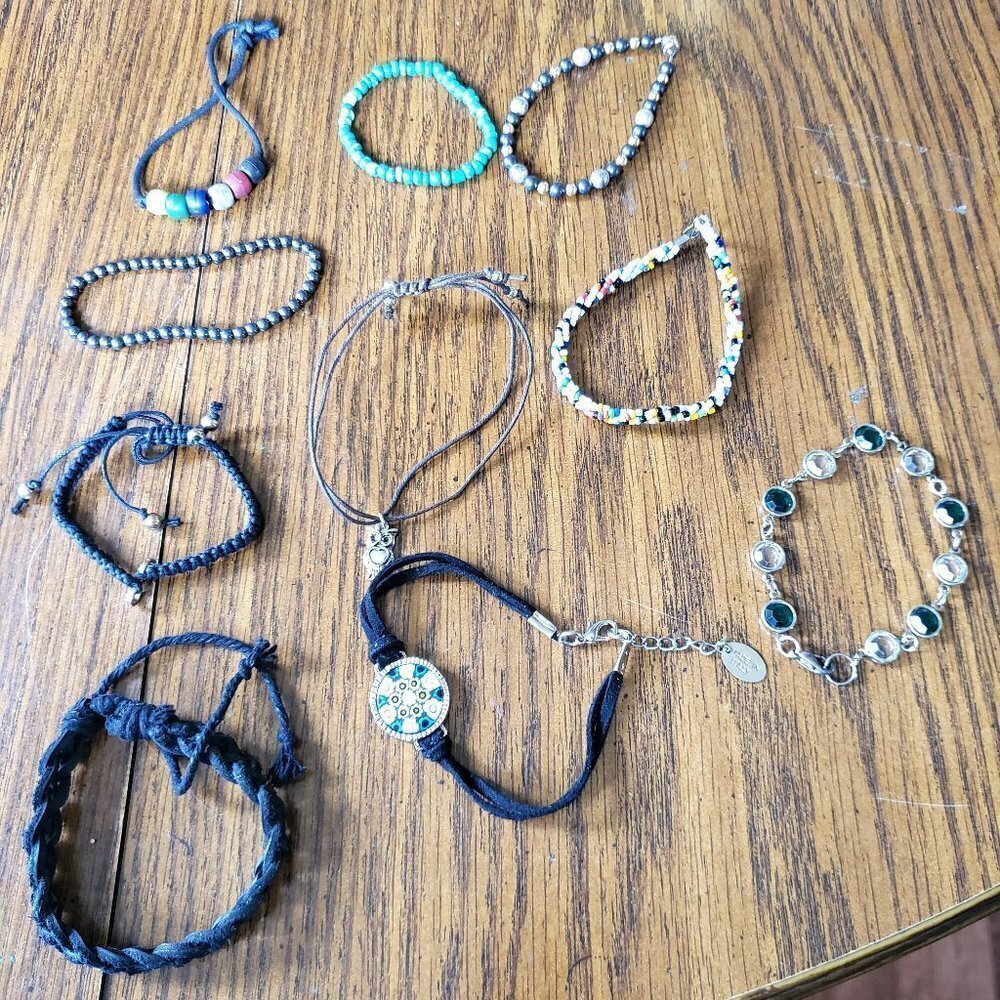Lot of 10 Womans Vintage Beaded Leather Friendship Bracelets